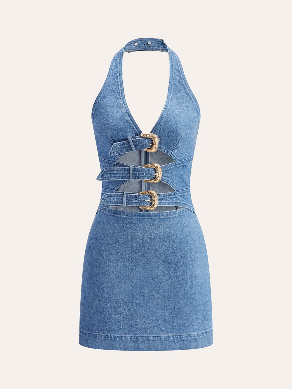 Commense Halter Neck Buckle Detail Denim Dress - Blue